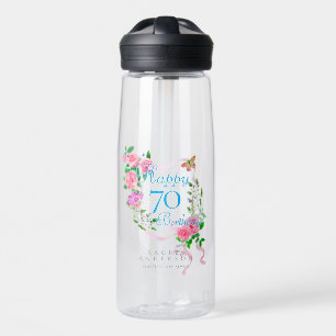Pink Rose Ribbon 70th Birthday Water Bottle