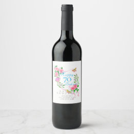 Pink Rose Ribbon 70th Birthday Wine Label