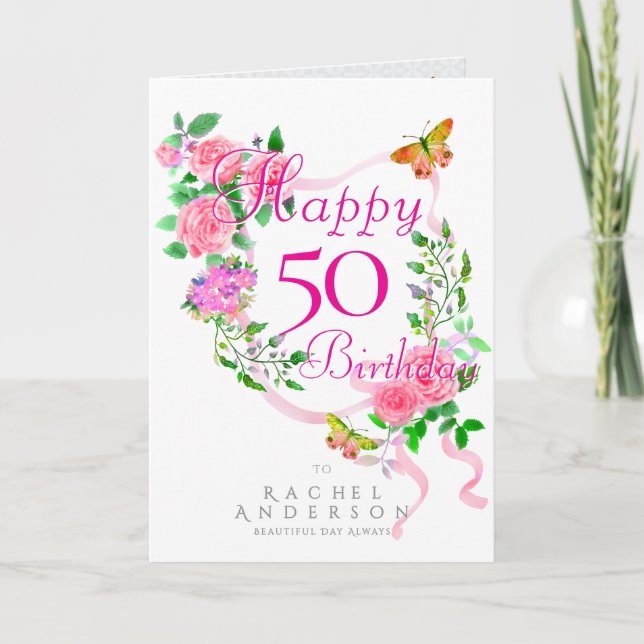 Pink Rose Ribbon Birthday Holiday Card (Front)