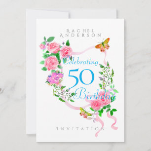 Pink Rose Ribbon Birthday Invitation
