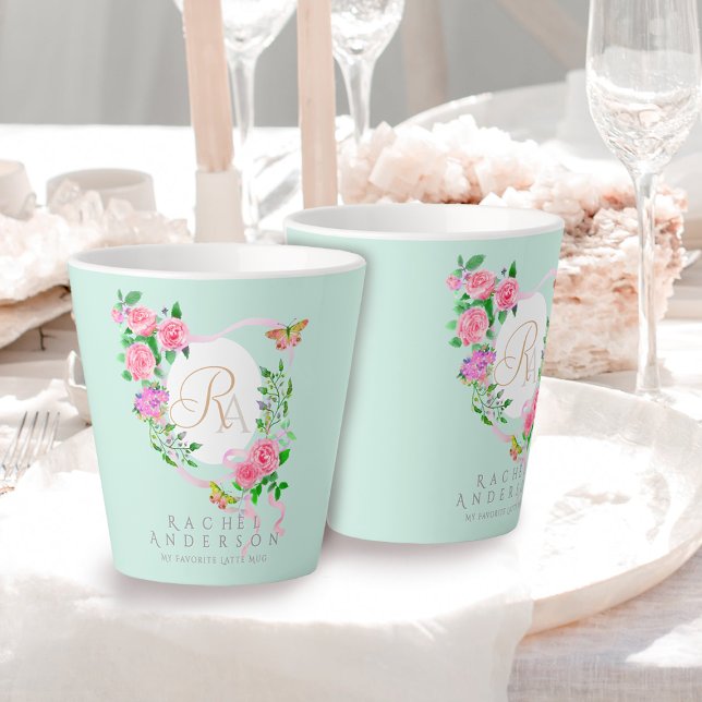 Pink Rose Ribbon Chic Monogram Blue Latte Mug (Romantic Pink Rose Ribbon Monogram Blue Latte Mug.)