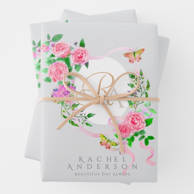 Pink Rose Ribbon Chic Monogram Grey Wrapping Paper Sheet (In situ)