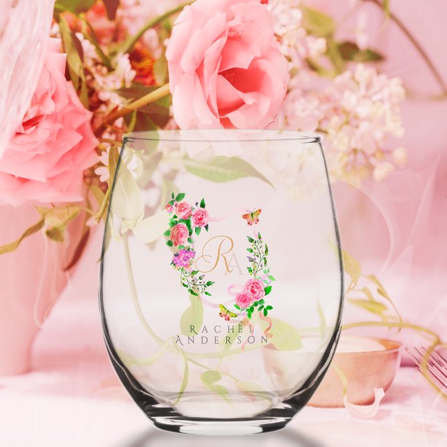 Pink Rose Ribbon Chic Monogram  Stemless Wine Glass (Romantic Pink Rose Ribbon Monogram Wine Glass.)