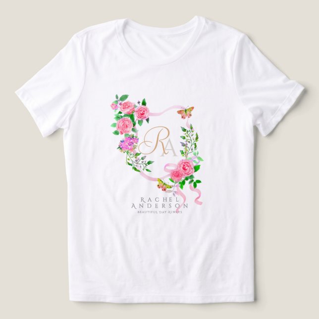 Pink Rose Ribbon Chic Monogram  Tri-Blend Shirt (Design Front)