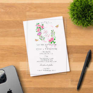 Pink Rose Ribbon Monogram Wedding  Invitation