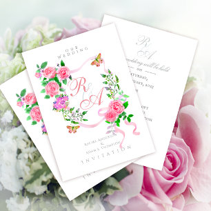 Pink Rose Ribbon Monogram Wedding Invitation