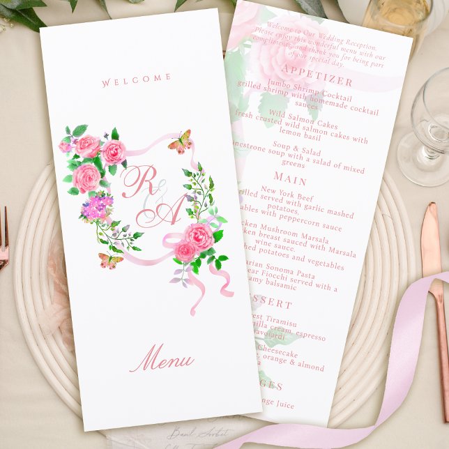 Pink Rose Ribbon Monogram Wedding Menu (Pink Rose Ribbon Monogram Wedding Menu)