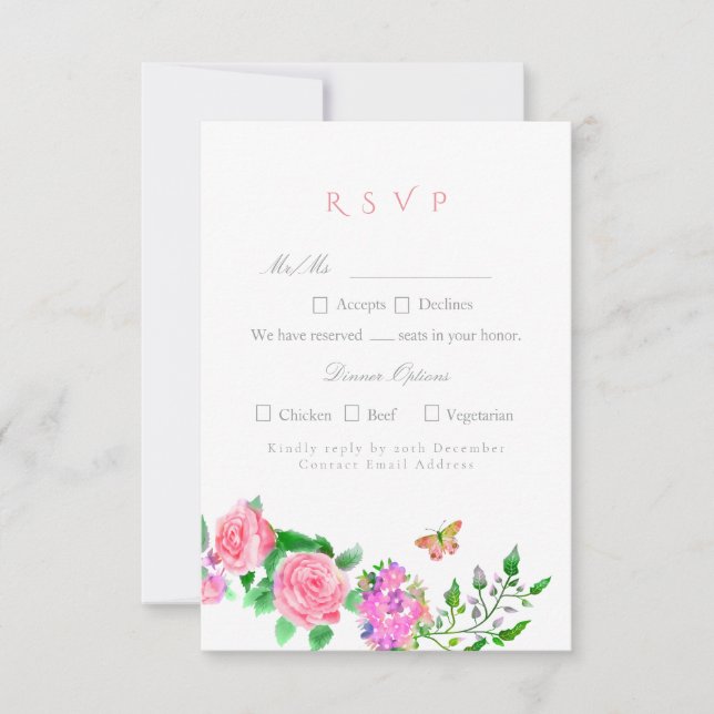 Pink Rose Ribbon Monogram Wedding  RSVP Card (Front)