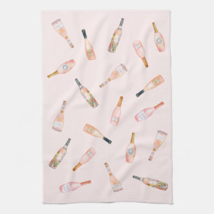 Pink rosé rose wine bottle watercolor illustration kitchen towel