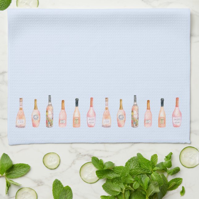 Pink rosé rose wine bottle watercolor illustration kitchen towel (Folded)