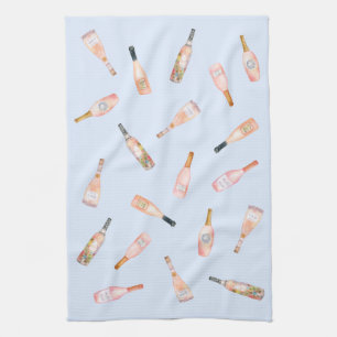Pink rosé rose wine bottle watercolor illustration kitchen towel