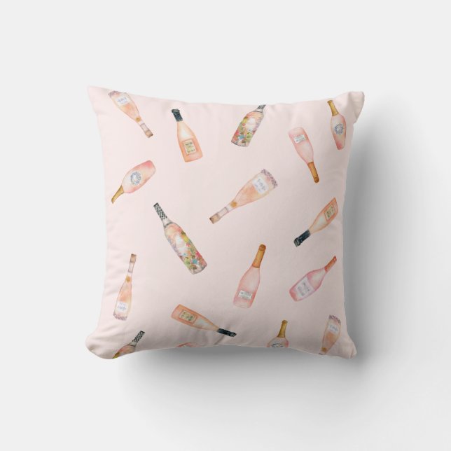 Pink rosé rose wine bottle watercolor illustration throw pillow (Front)