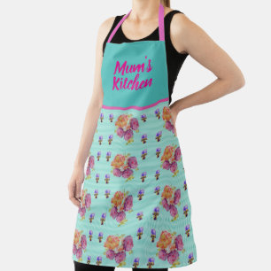 Pink Rose Roses on Aqua Floral Flowers Flower Apron