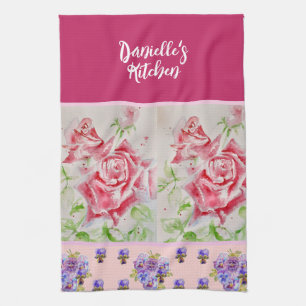 Pink Rose Roses Watercolor Customizable Kitchen Towel