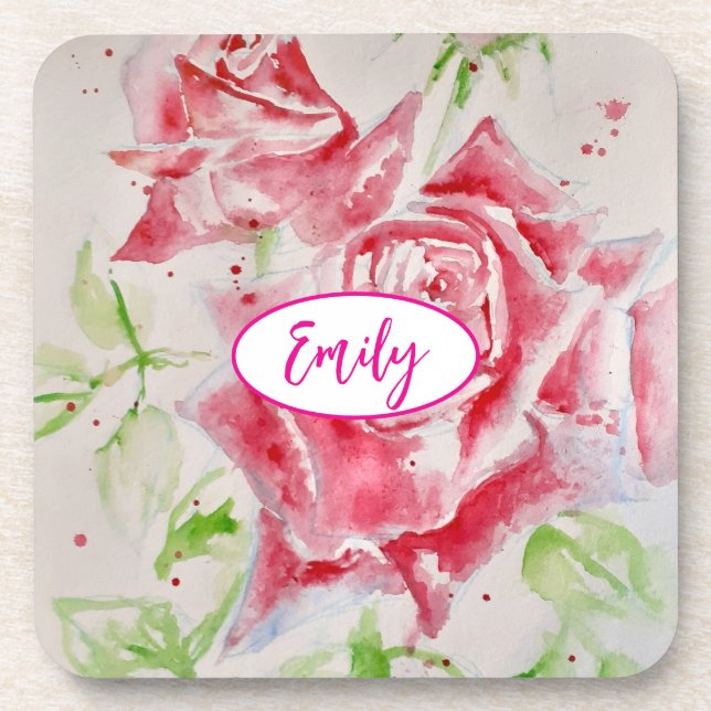 Pink Rose Roses Watercolor Flower Floral art Coaster (Front)