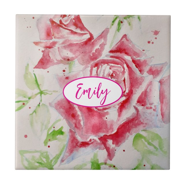 Pink Rose Roses Watercolor Flower Floral art Tile (Front)