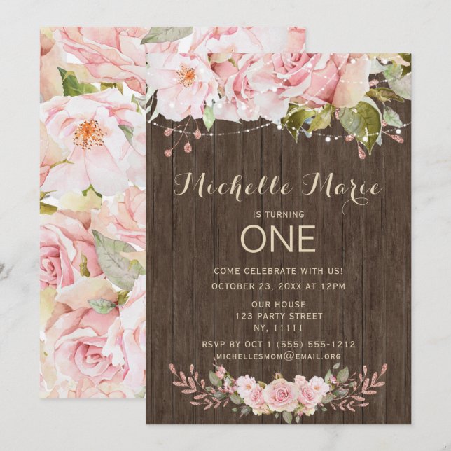 Pink Rose Rustic Lights First Birthday Invitation (Front/Back)