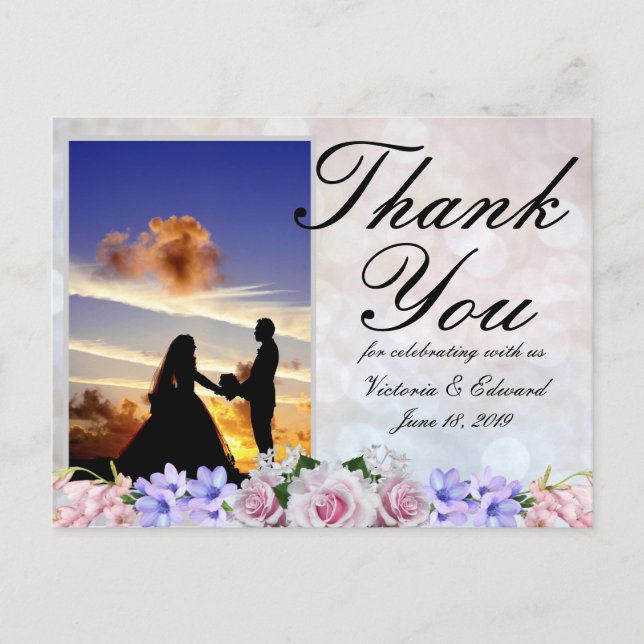 Pink Rose | Silver Bokeh Wedding Thank You Postcard (Front)