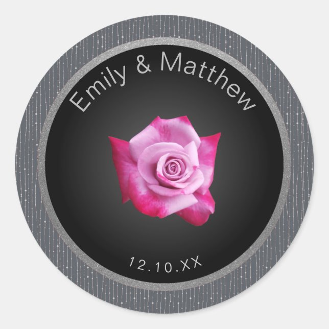 Pink Rose Silver Glow Monogram Wedding Sticker (Front)