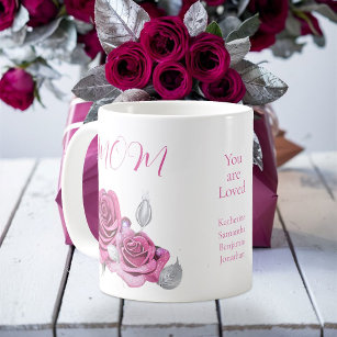 Pink Rose Silver Leaves 'You are Loved' Mom's Coffee Mug