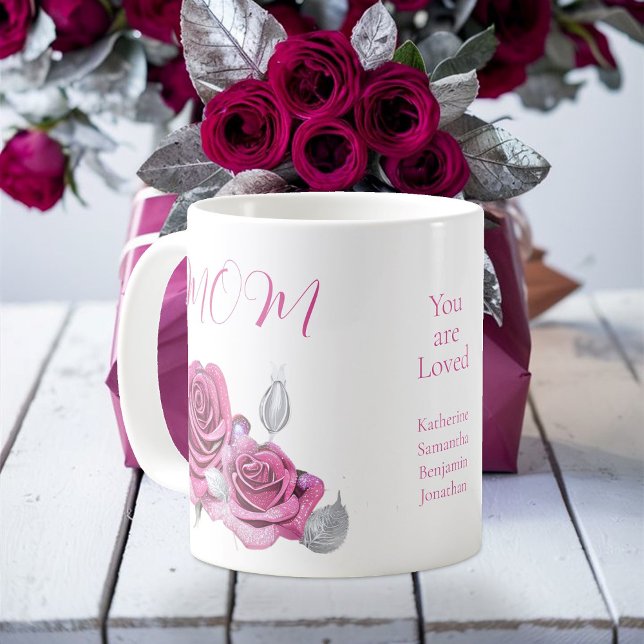 Pink Rose Silver Leaves 'You are Loved' Mom's Coffee Mug (Creator Uploaded)