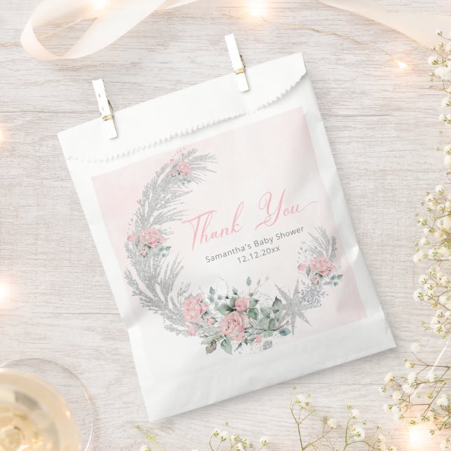 Pink Rose Silver Winter Thank you Favour Bag (Clipped)