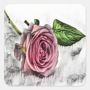 Pink rose sketch flower square sticker