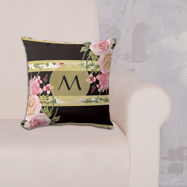 Pink Rose Stripe Pattern Monogram Throw Pillow (Creator Uploaded)