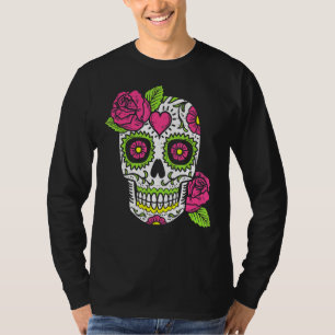 Pink Rose Sugar Skull Dia De Los Muertos Mexican H T-Shirt