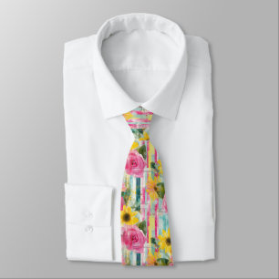Pink Rose Sunflower Teal Summer Floral Tie