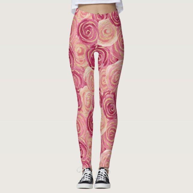 Pink Rose Swirl Glitter Seamless Pattern Leggings (Front)