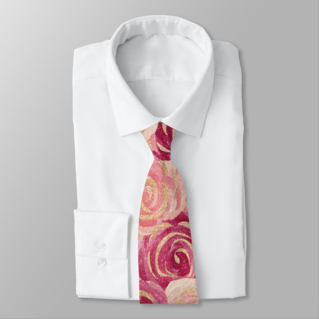 Pink Rose Swirl Glitter Seamless Pattern Tie (Tied)
