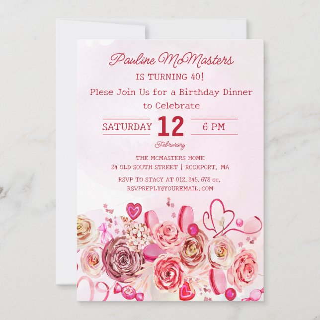Pink Rose Swirly Heart 40th Birthday Dinner Invitation (Front)