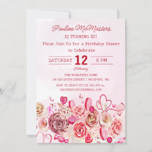 Pink Rose Swirly Heart 80th Birthday Dinner Invitation
