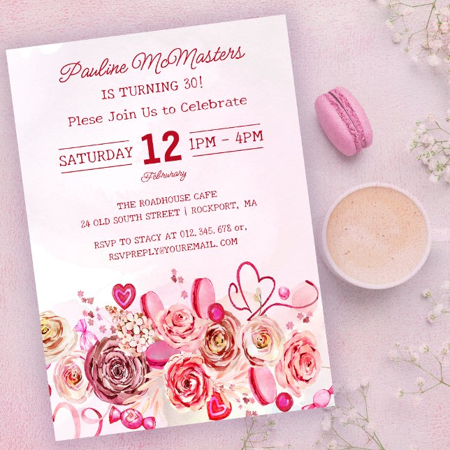 Pink Rose Swirly Heart Valentine's 30th Birthday Invitation (Creator Uploaded)