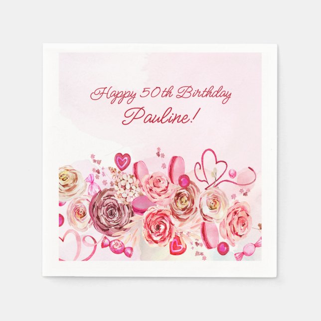 Pink Rose Swirly Heart Valentine's 50th Birthday  Napkin (Front)