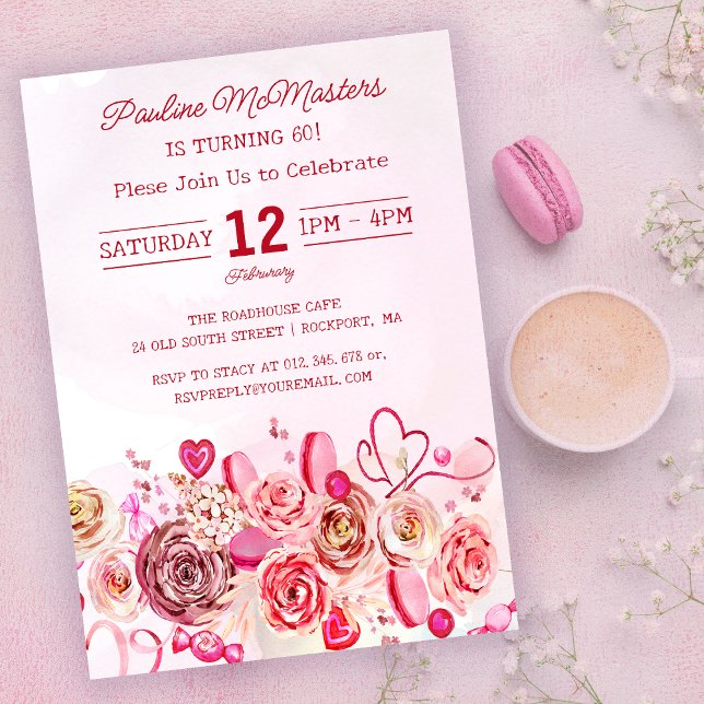 Pink Rose Swirly Heart Valentine's 60th Birthday Invitation (Creator Uploaded)
