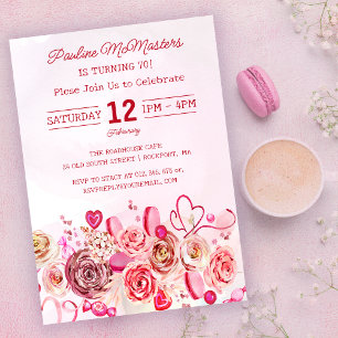 Pink Rose Swirly Heart Valentine's 70th Birthday Invitation