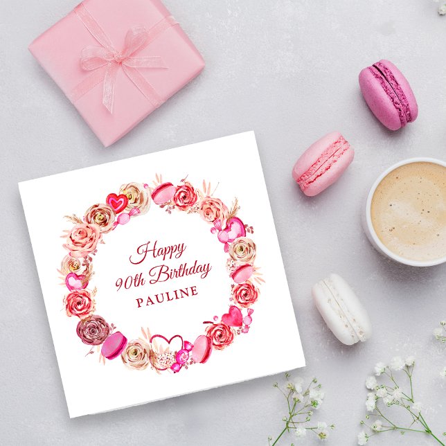 Pink Rose Swirly Heart Valentine's 90th Birthday Napkin (Creator Uploaded)