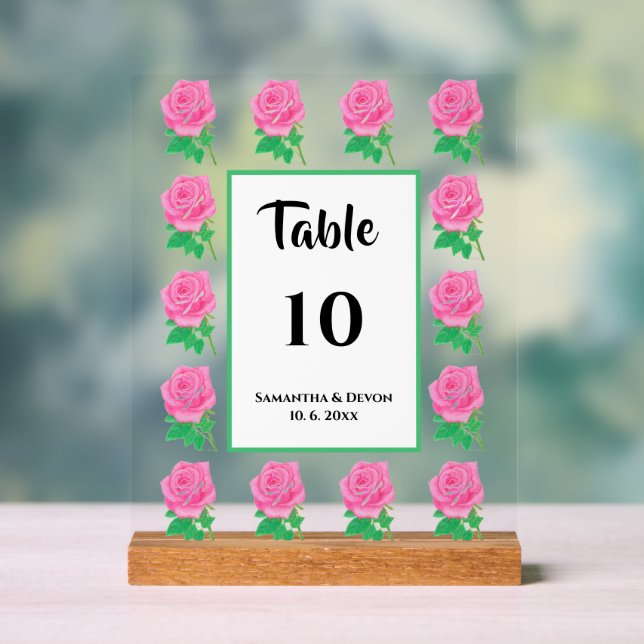 Pink Rose Table Number Acrylic Sign (Neutral)