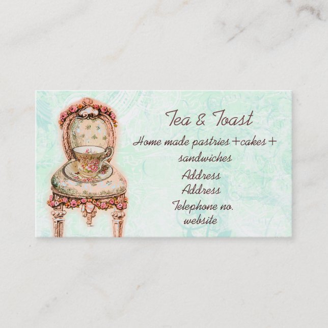 Pink Rose Teacup and Victorian Chair Business Card (Front)