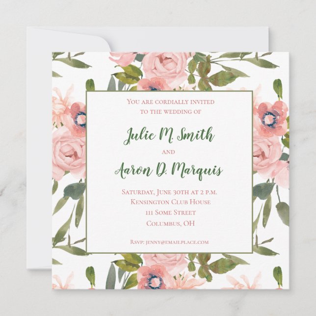 Pink Rose Themed Wedding Invitations (Front)