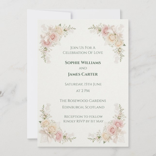 Pink Rose Thistle Scottish Wedding Invitation (Front)