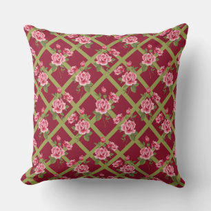 Pink Rose Trellis, Burgundy Throw Pillow 20" x 20"