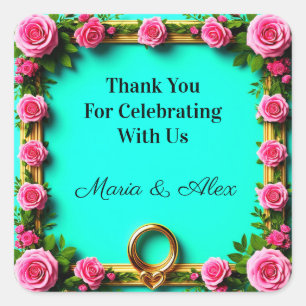 💍 Pink Rose Turquoise Gold Heart Wedding Theme 🌸 Square Sticker