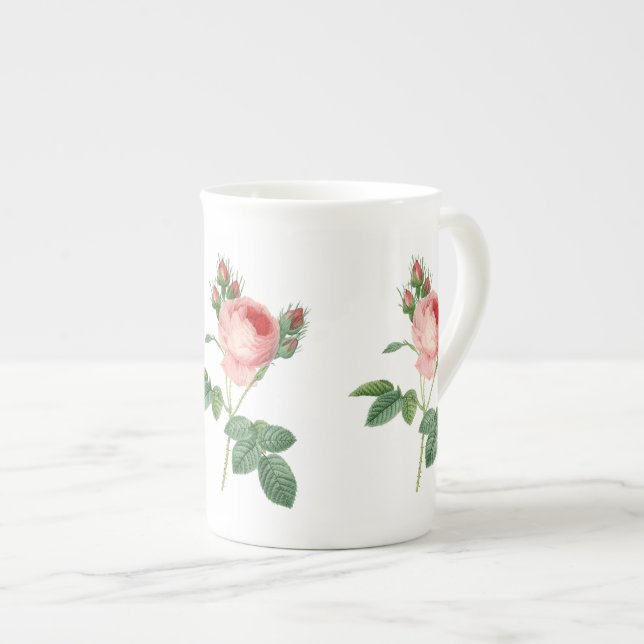 Pink rose vintage botanical illustration bone china mug (Front Right)