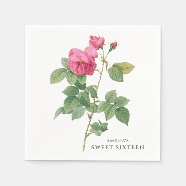 Pink rose Vintage Botanical Napkin (Front)