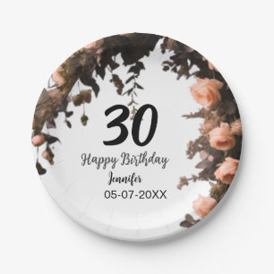Pink rose vintage flower modern 30th birthday  paper plate