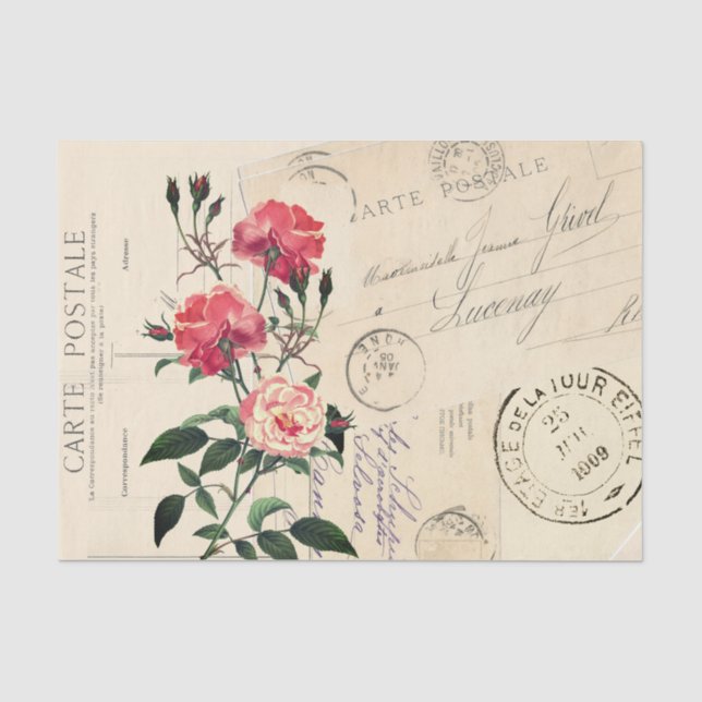 Pink Rose Vintage French Postcard Collage Tissue Paper (Front)