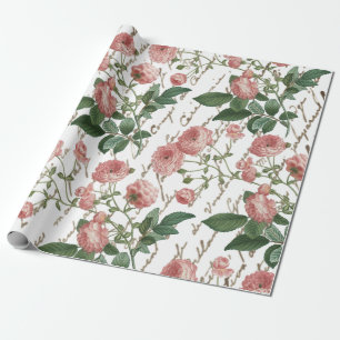 Pink Rose Vintage French Script Gold Text Wrapping Paper